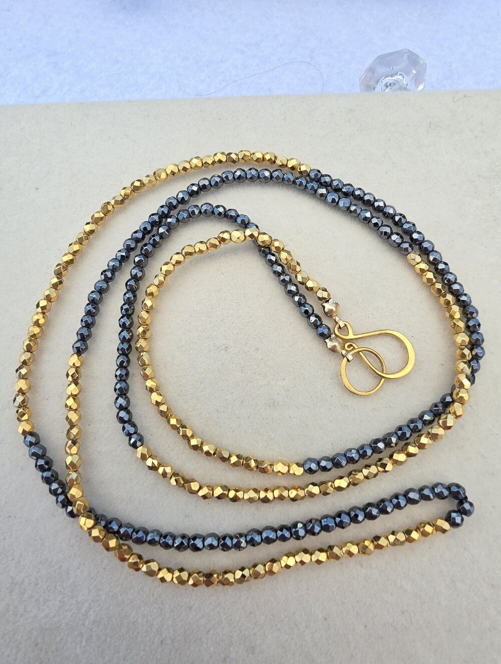 36": Mirror Hematite & Gold-Tone Faceted Bead Necklace • 3mm